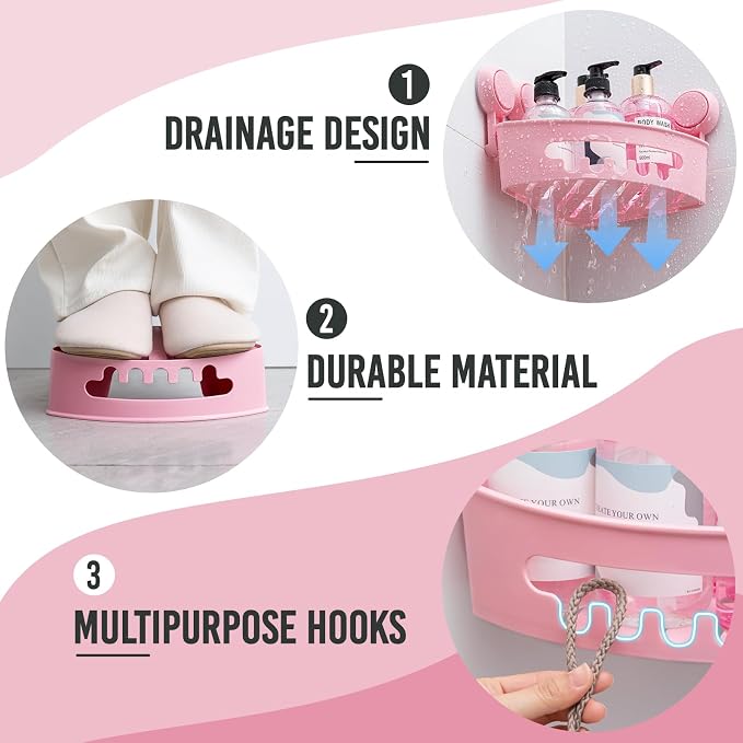 TAILI Corner Shower Caddy with Suction Cups, Wall Organizer Plastic Rack | Small Bathroom Caddy, Removable, Drill-Free, Heavy Duty Shower Basket, PINK