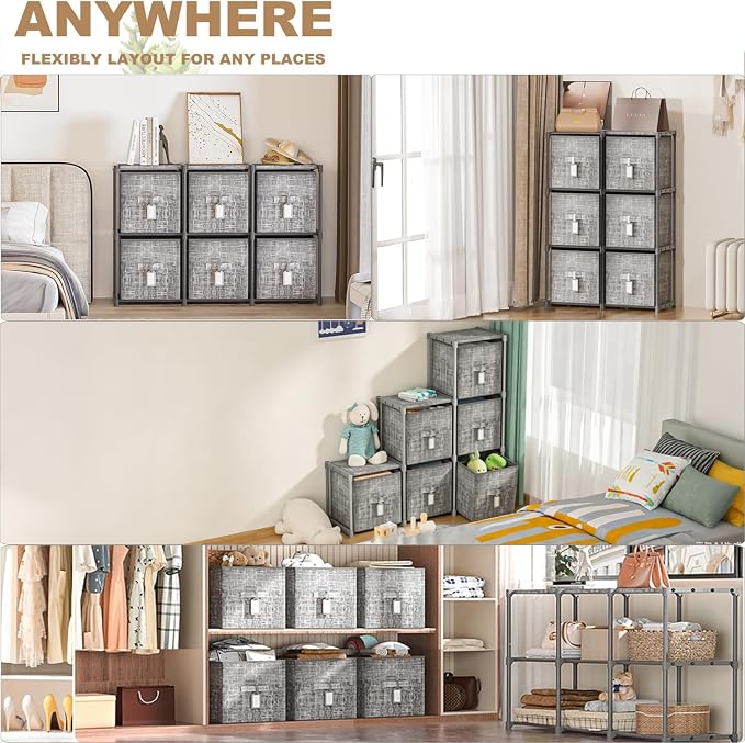 Cube Storage Organizer Shelf + 6 Bins + Labels | Adjustable Modular Cubby Organizer, Beautiful Printed Storage Shelf, Large Capacity, Living Room, Dorm, Yarn