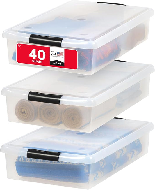 IRIS USA 3-Pack, 40 Qt. Under Bed Storage Bin with Lids, Black/Clear | Store seasonal clothing, shoes, blankets, linens and household essentials neatly under beds to maximize storage space