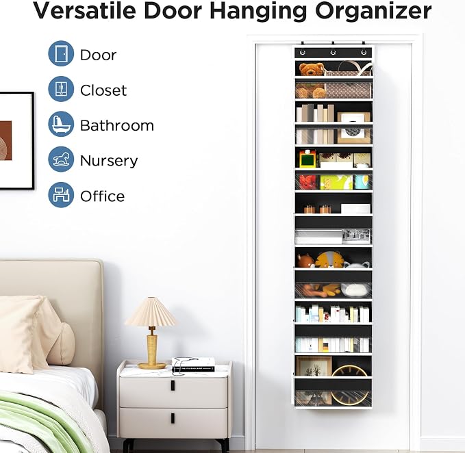 Mefirt Over The Door Organizer, 7 Tier Door Hanging Organizers with 7 Large Pockets 12 Side Pockets, Behind Door Storage Hanging Shelves for Closet Bathroom Bedroom Nursery