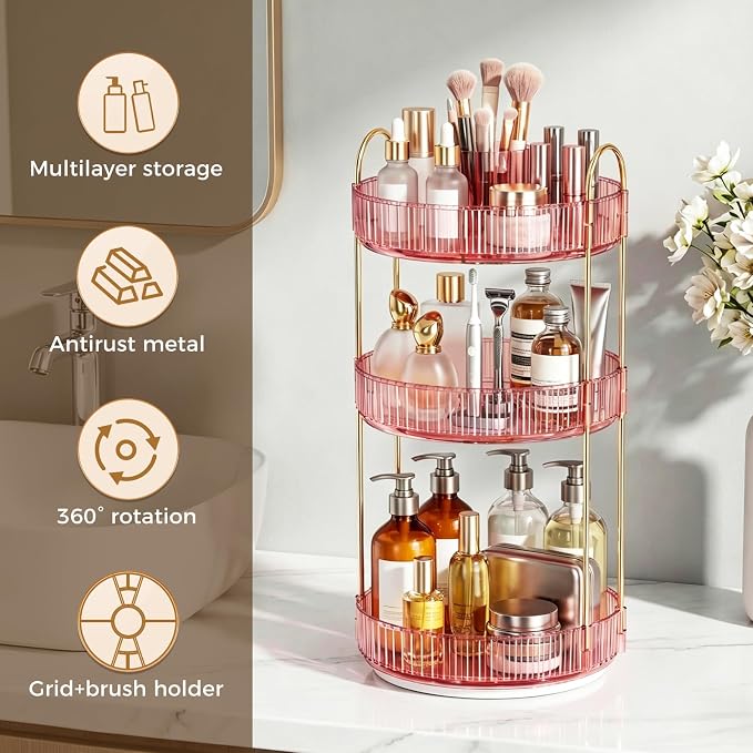 360° Rotating Makeup Organizer, Upgraded 3 Tier Skincare Perfume Organizers for Women, Bathroom Organizer Countertop, Clear Cosmetic Dresser Organizer with Makeup Brush Holder Counter(Clear Pink)
