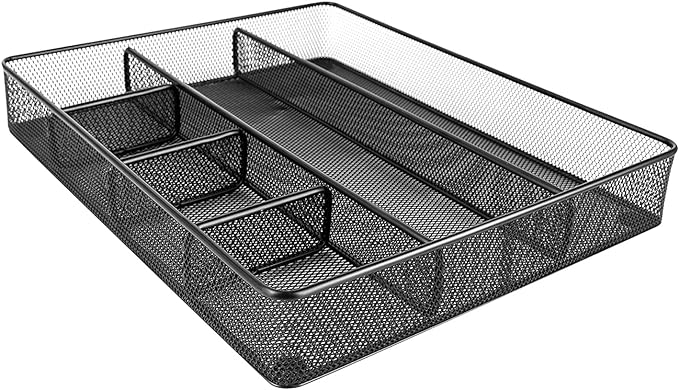 Amazon Basics Mesh Desk Drawer Organizer with 6 Compartments, Non-Slip Office Supplies Storage for Pens and Accessories, Black | Pack of 4