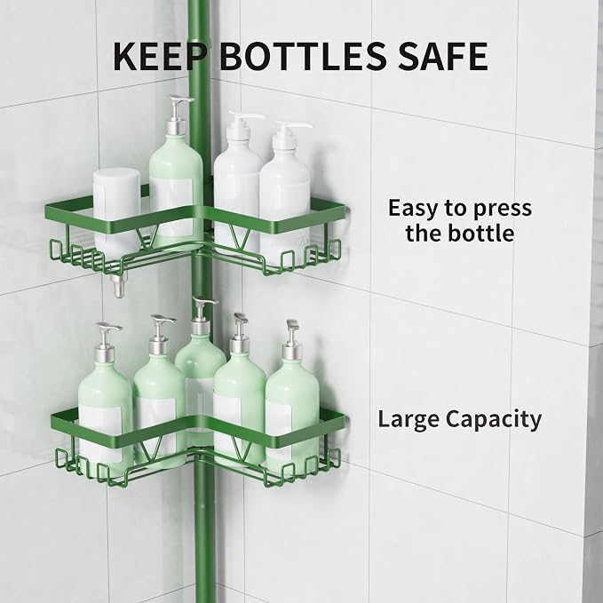 KEGII Shower Caddy Tension Pole, Bathroom Storage Shelf, Emerald Green | Space-Saving 4-Tier with 28 Hooks and Soap Holder, No Drill Setup for Renters, Adjustable Floor to Ceiling Shower Storage