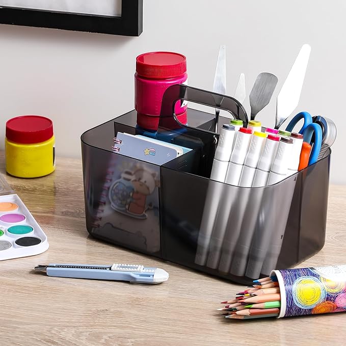 Multiuse Caddy Organizer with Handle, Portable Plastic Tote Bin - Art Craft, Stationary Pen Marker Crayons, Makeup Hair Supplies Storage - Bathroom, Classroom, Dorm, Office, Desk Holder - Clear Black