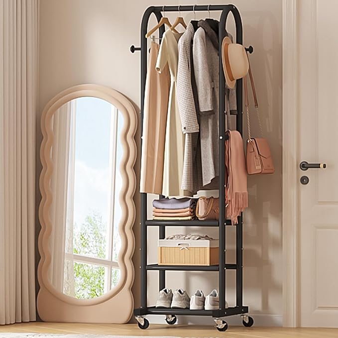 Dttwacoyh Clothing Rack with Wheels,Narrow Metal Garment Rack,Black | Easy to install, 71.8 Inches Display Rack with 4 Side Hooks & 3 Shelves,for Small Flats, Bedroom, Entryway,Black Clothes Rack