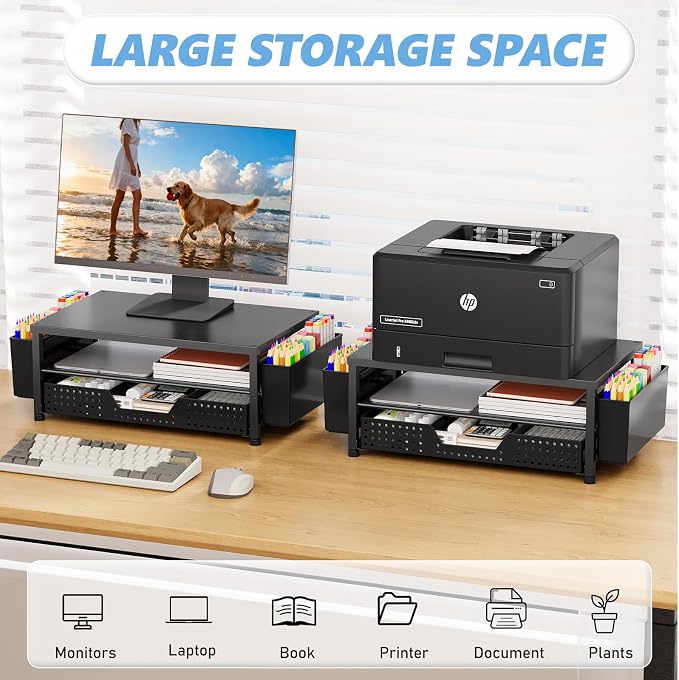 OPNICE Desk Organizers and Accessories, Computer Monitor Stand Riser with Drawer and 2 Pen Holders, Printer & Laptop Stand, Office Desk Accessories & Workspace Organizers for Home Office Supplies, Black