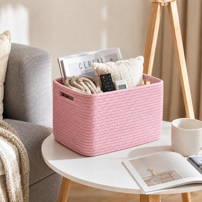 5 Pack Woven Storage Baskets for Shelves Organizing, Decorative Cotton Rope Organization Storage Bins for Toy, Book, Towel, Clothes, Closet, Nursery, Bathroom & Home Decor, Pink