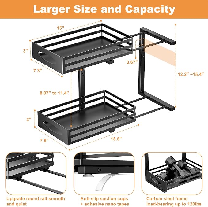 Under Sink Organizer, 2 Tier Under Sink Organizers and Storage, Adjustable Height, Slide out Metal Cabinet Organizers, Pull out Cabinet Storage Drawer Shelf for Kitchen Bathroom (Black, 1 Pack)