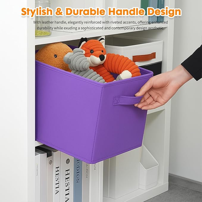 PowerKing Collapsible Storage Cubes, Farbic Storage Bins, Violet, 2 Pack | Sturdy, Lightweight, Easy Pull Handle, Closet & Shelf Organizer, Clothes and Toys Storage, 10.5'' x 11'' x 10.5''