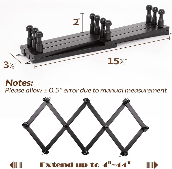 SCUNDA Wall Rack with 10 Hooks, Wooden Wall Expandable Coat Rack for Coat, Hats, Baseball Caps, Coffee Mug, Jewelry(Black)