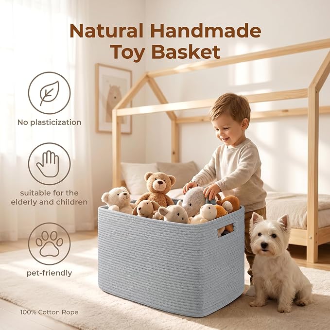 OIAHOMY 75L Large Blanket Basket, Woven Blanket Storage Basket with Handle, Cotton Rope Basket for Organizing 22”x17”x12”, Blanket Basket living Room, Toy Basket for Nursery, Grey