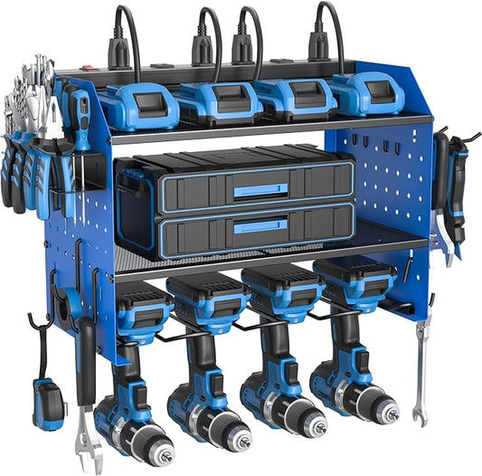 Power Tool Organizer Wall Mount 3 Layer Charging Station with 6 Outlets | Heavy Duty Tool Holder Storage Shelf Rack for Garage, Workbench and Workshop, Black, 4 Drill Holders and Drill Bit Rack, Blue