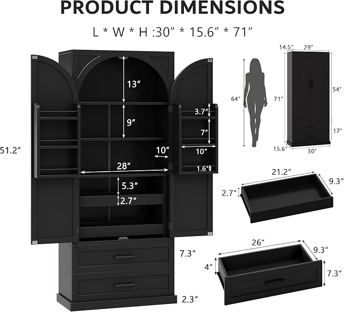 iPormis 71" Tall Kitchen Pantry Storage Cabinet w/Door and Adjustable Shelf & Large Drawers, Freestanding Kitchen Cupboard for Dining Room/Living Room, Black