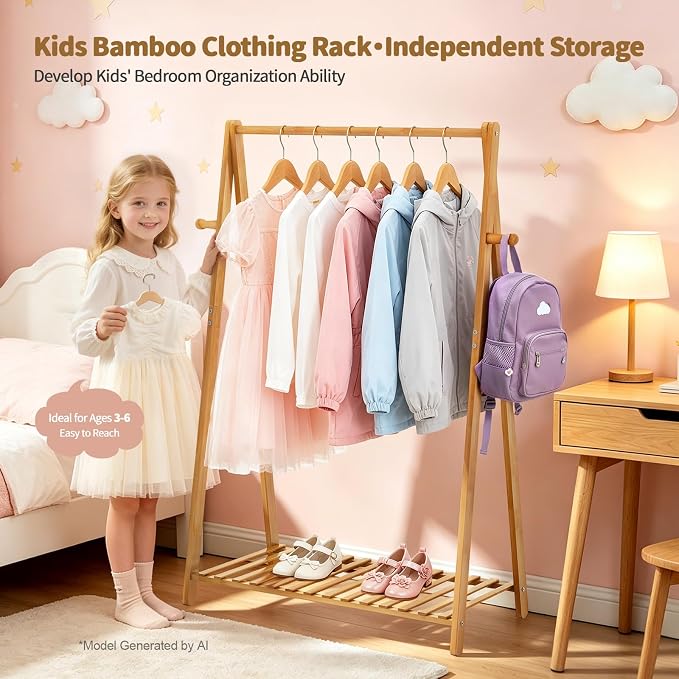 Kids Clothing Rack Small Baby Clothes Racks Bamboo Garment Rack 42"H | Wooden Short Mini Dress Up Costume Rack with Shelves for Hanging Clothes, Nursey Toddler Shower Children Clothes Hanger Rack
