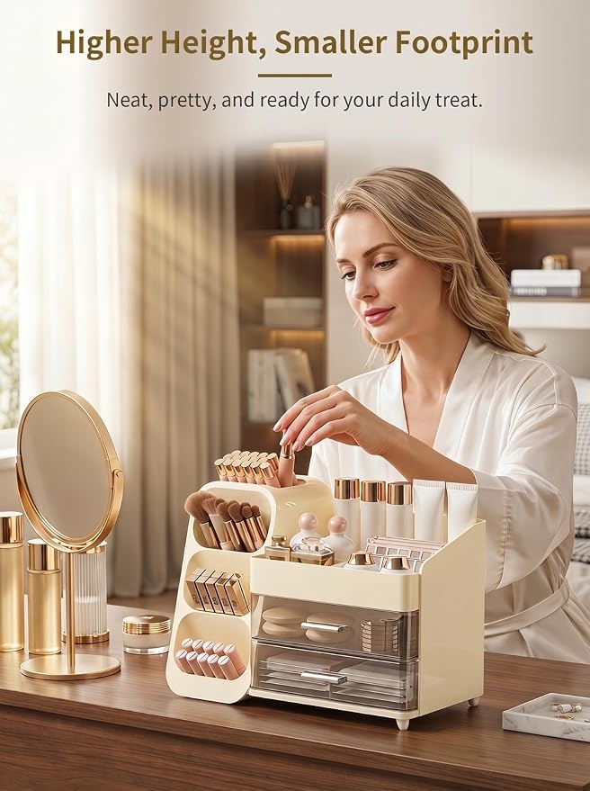Booklov Large Makeup Organizer for Vanity Countertop, Cream | Clear Acrylic Cosmetic Display Case, Beauty Brush Holder for Bathroom Counter, Make Up Skincare Lipsticks Storage