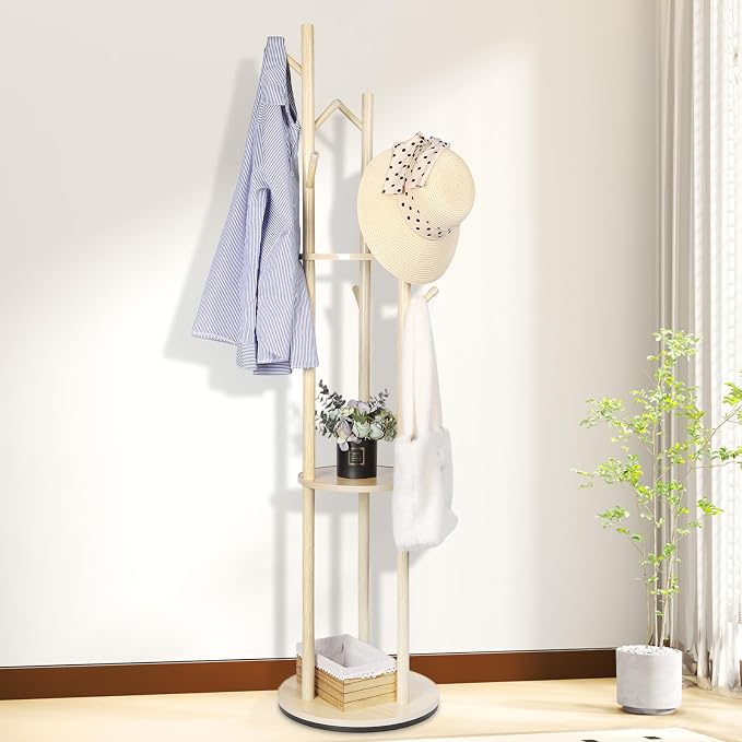 Wood Coat Rack Freestanding Rotary Coat tree with 3 Shelves and 9 Hooks | Heavy Duty Coat Rack Coat Hanger Stand for Entryway, Bedroom, Living Room – Holds Jackets, Coats, Hats, Bags (Natural)