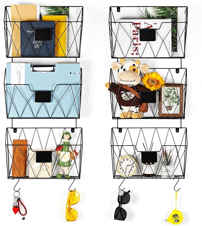 6 Pack Wall File Organizer, Wall File Pocket Mail Organizer for Office/Home | Hanging Metal Vertical Wall Mounted File Holder, Mail Paper Document Folder, Label Slots & Hooks, Rust-proof & Space-Saving