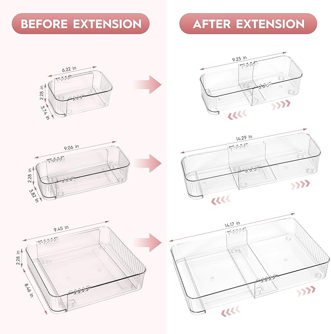Expandable Drawer Organizer Set, Clear Adjustable Drawer Dividers, 4-Piece Storage Trays for Kitchen, Bathroom, Makeup, Office, Durable PET Material