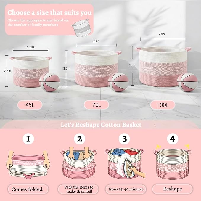 Artfeel 40L Large Cotton Rope Basket, Decorative Woven Blanket Storage for Living Room, Boho Toy Storage & Toy Box for Kids, Versatile Laundry Basket & Nursery Hamper for Blankets(Pink)