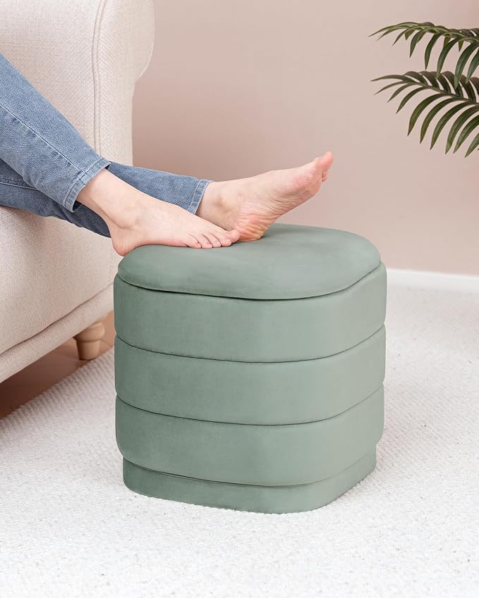 B FSOBEIIALEO Velvet Storage Ottoman with Tray, Square Folding Ottoman with Storage Coffee Table Foot Rest for Dorm Room, Living Room Sage, 15"x15"x15"