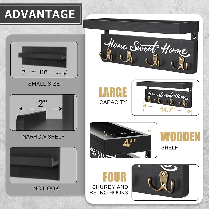 buways Key Holder for Wall Decorative, Rustic Wooden Key Hanger for Wall with 4 Double Key Hooks, Farmhouse Key Holder Rack and Mail Organizer for Home Entryway Decor(Black)