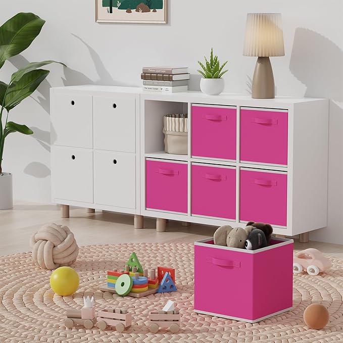 MAX Houser Fabric Cloth Storage Bins,Foldable Storage Cubes Organizer Baskets with Dual Handles for Home Bedroom Storage,Set of 6(Pink)