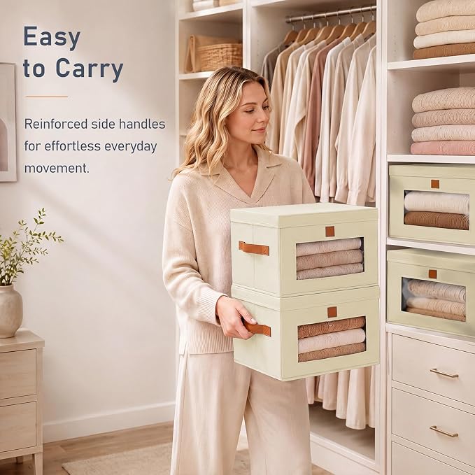 DIMJ Storage Bins with Lids - 6 Pack Front Opening Stackable Fabric Storage Boxes with Clear Window & Handles, Collapsible Closet Organizers for Clothes, Sweaters, Shelf Storage, Bedroom, Beige