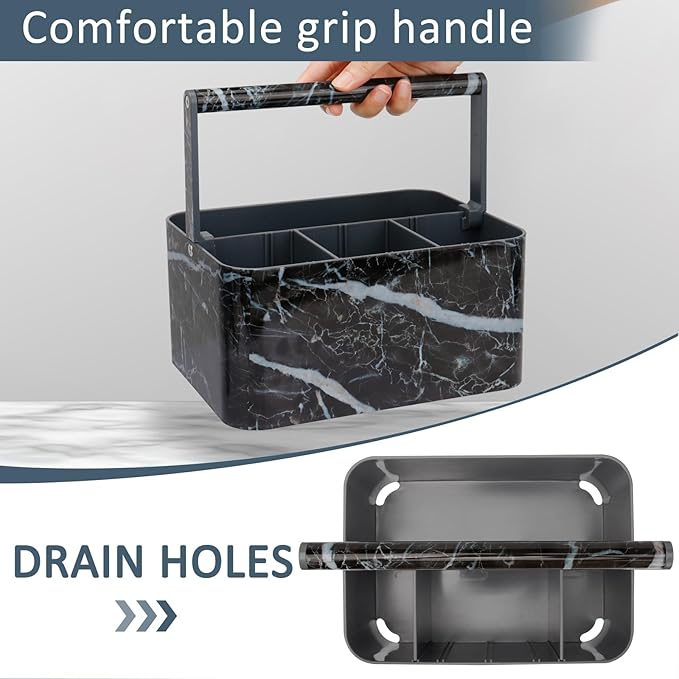 BYUNER Plastic Shower Caddy Dorm: Portable Bathroom Caddy Organizer for College with Handle and Adjustable Divider, Utility Hard Shower Basket Bath Tote for Toiletry, Shampoo, Soap (Black Marble)
