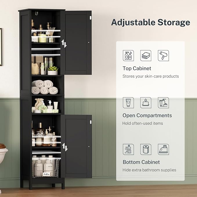 67" Tall Bathroom Cabinet with Adjustable Shelves and Doors | Narrow Bathroom Storage Cabinet for Small Space, Living Room, Entryway, Kitchen, Black