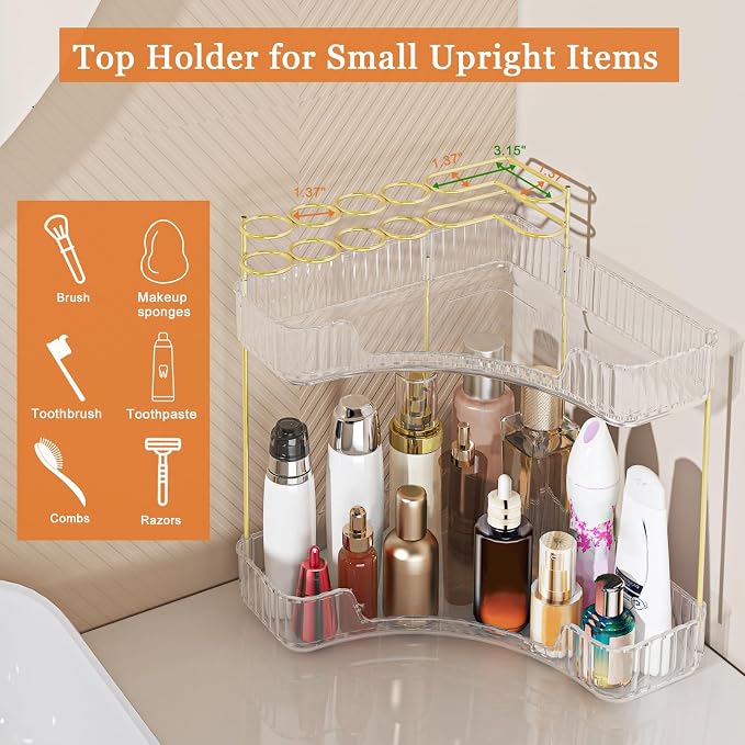 Webetop Corner Makeup Organizer 2 Tier Bathroom Storage with Brush Holder | Space-saving Corner Fit, Clear Acrylic Construction, Detachable Brush Slots, Non-Slip Base, Easy-access Tiered Design
