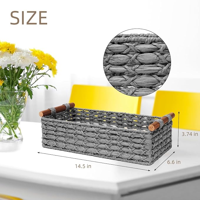 Small Storage Basket Wicker Baskets for Organizing with Handle Decorative Storage Bin for Countertop Toilet Paper Basket for Toilet Tank Top Small Baskets,Light Grey