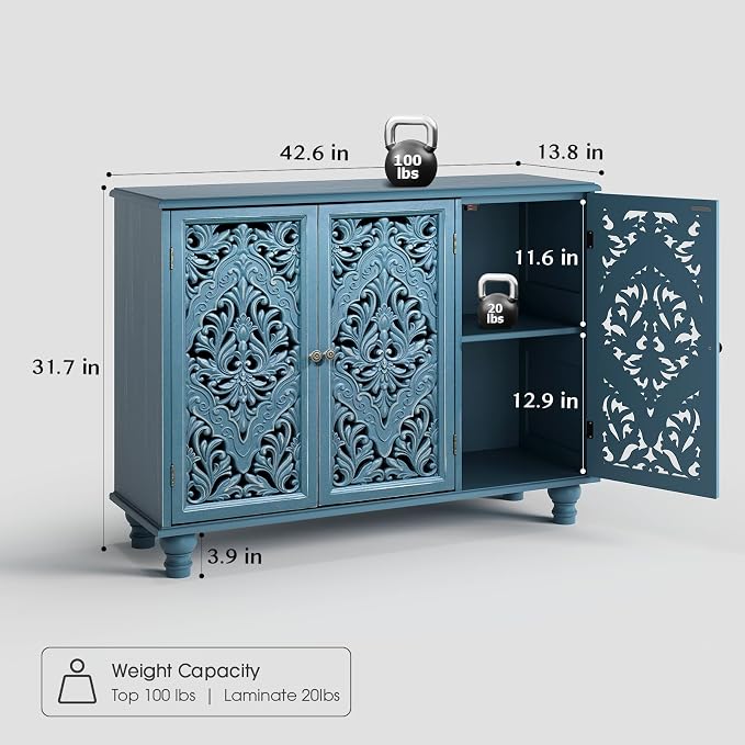 JOINICE 42.5" Accent Storage Cabinet with 3 Carved Doors,Mandala Blue | Versatile Storage for Living Room/Dining Room/Bedroom/TV Stand, Solid Wood Legs, Farmhouse/Rustic Style, Adjustable Shelf