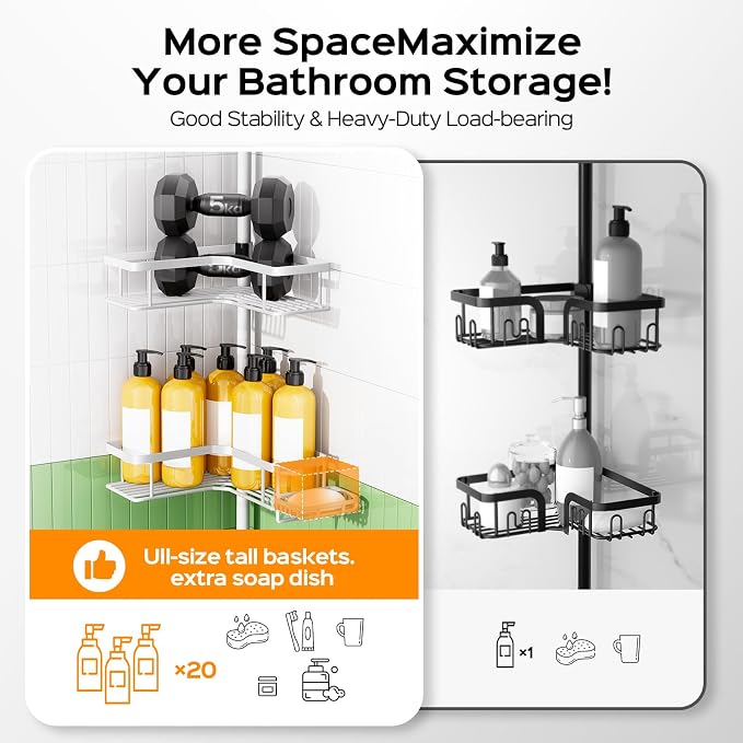 HAMITOR Corner Shower Caddy White: 4-Tier Rustproof Bathroom Bathtub Organizer Shelf with Soap Holder & Hooks - No-Drill Adjustable Standing Tension Pole Rack for Apartment Renters - 47-123 Inch