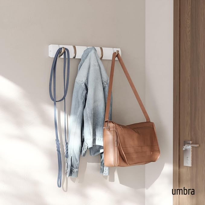 Umbra Flip Coat Rack, Wall Mounted 5-Hook Space Saving, White/Nickel | Real wood and steel build, retractable hooks fold flat, holds coats bags and scarves, easy install