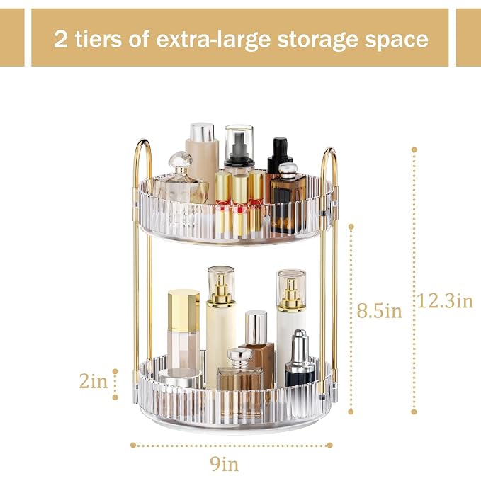 MOKANI 360 Rotating Makeup Organizer for Vanity, 2 Tier Perfume Organizer | Adjustable Multi-Function Spinning Cosmetics Skincare Storage for Bedroom, Dresser, Countertop, Clear