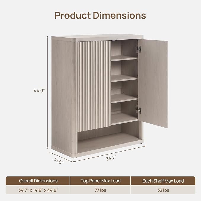 SICOTAS Shoe Cabinet 44 inch Tall Fluted Shoe Cabinet with Doors & 4 Shelves Wooden Large Hidden Shoe Storage Organizer Modern Free Standing 6-Tier Cabinet for Entryway Living Room Closet