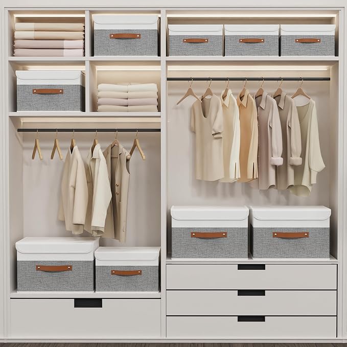 Yawinhe Storage Bins with Lids,White/Grey,17.7x11.8x11.8in,5-Pack | Fabric Container with Leather Handle,Washable Home Basket, Clothes Blanket Storage Boxes,Collapsible Closet Organizer