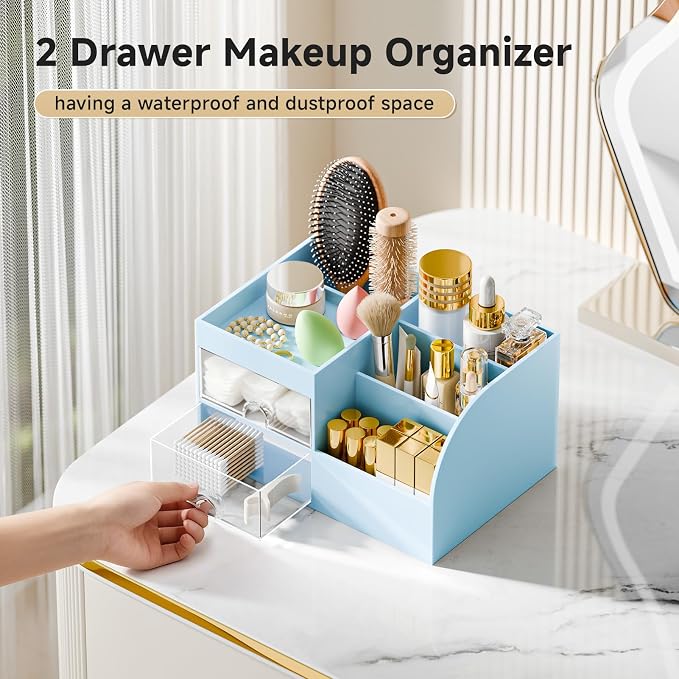 Makeup Organizer with 2 Drawers, Makeup Organizers Countertop for Vanity and Bathroom, Make up organization and Skincare Storage with Brush Holder, for Dresser, Desktop, Cosmetic Display Case (Blue)