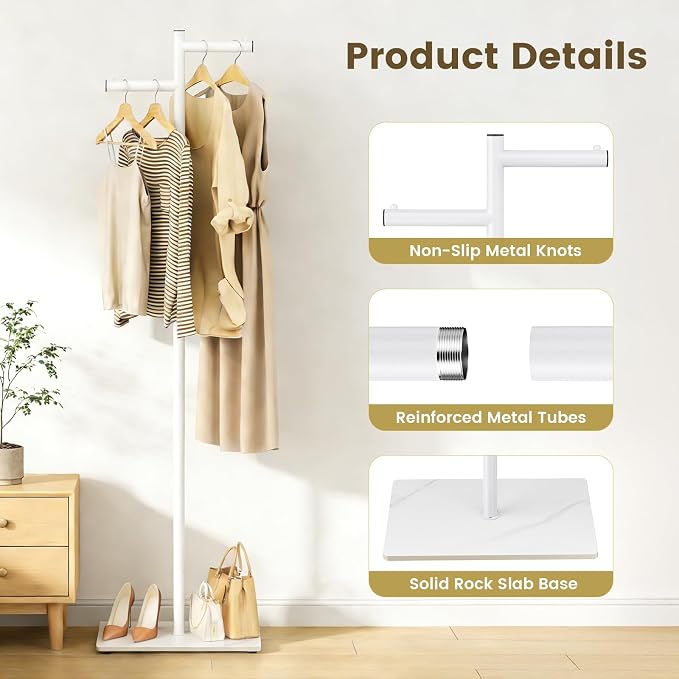 Metal Freestanding Coat Rack, 68.9"H Z-Shaped Coat Tree with Natural Rock Base, Modern Clothes Hanger Stand for Coats, Hats, Bags & Scarves, Ideal for Entryway, Bedroom, Office & Living Room