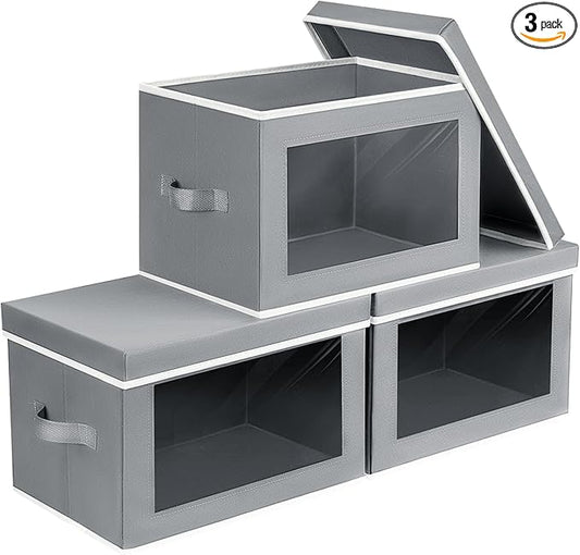 Homsorout Storage Bins with Lids - Small Fabric Organizers with Window, Collapsible Storage Bins for Clothes, Decorative Closet Organizers for Towels, Tshirt, 3 Pack, Grey