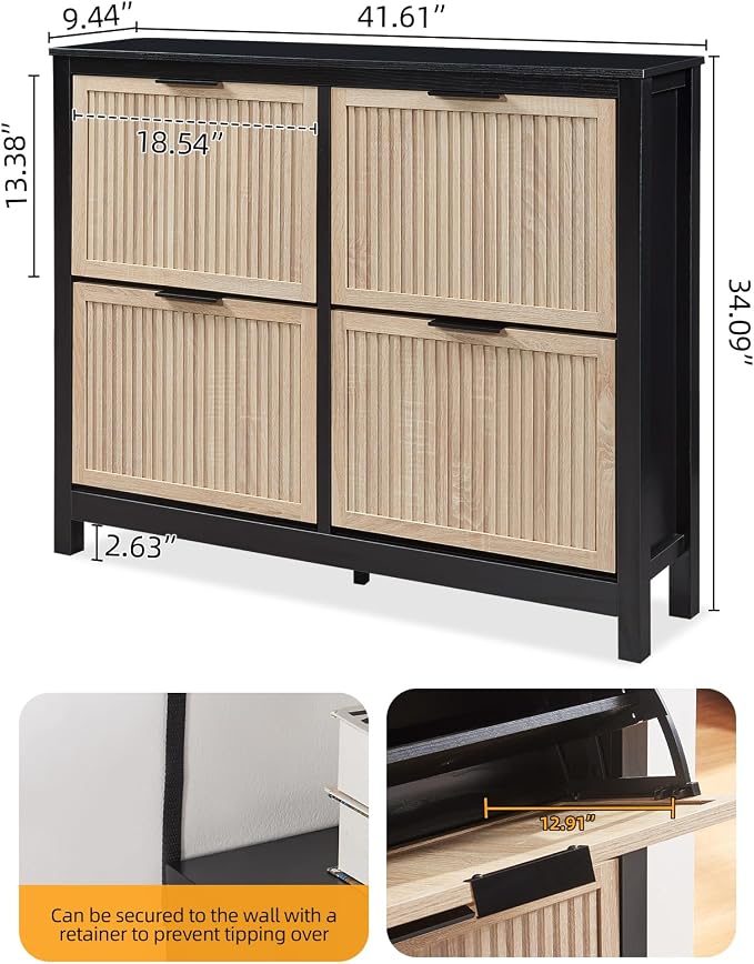4-Flip Drawer Shoe Cabinet Narrow Entryway Rack, Oak & Black | Vertical Wood Grain, Metal Handles, Adjustable Compartments, Removable Shelf, Anti-Tip Device, for Hallway Foyer Entryway