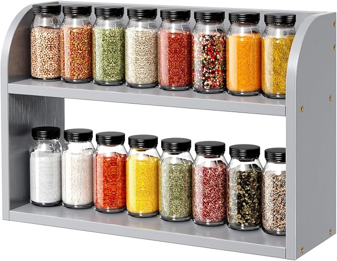 ROMGUAR CRAFT 2 Tier Bamboo Spice Rack, Countertop or Wall Mounting Wood Spice Jars Organizer Shelf for Kitche, Pantry (Grey)