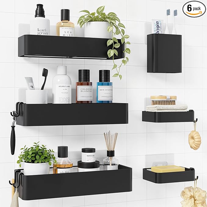 Kitsure Large Shower Caddy - Adhesive 6-Pack Bathroom Shelves, Black | No-Drilling Rustproof Shelves with Soap Holder, Toothbrush Holder, 6 Hooks, Stylish Bathroom Organizers and Storage Solution