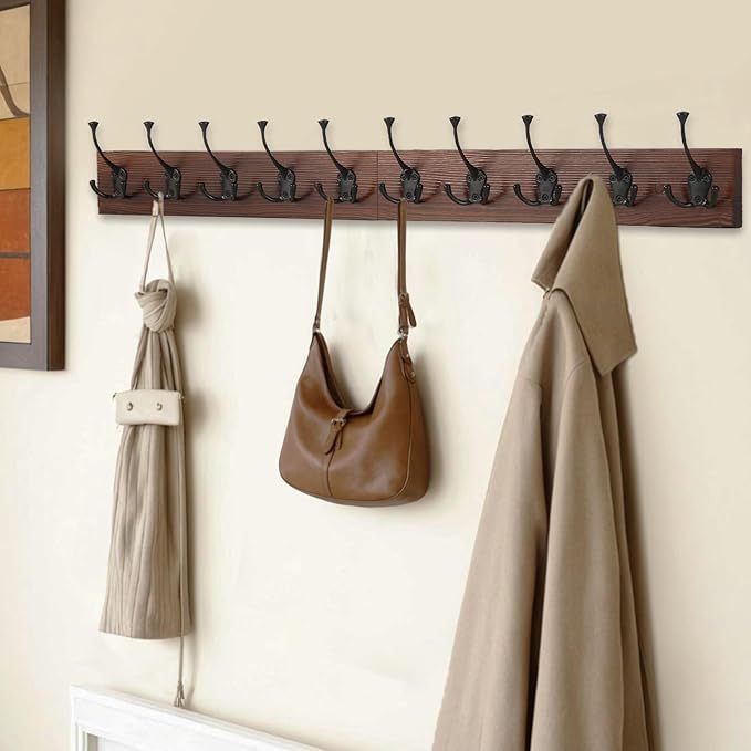 IBosins Brown Wood Wall Mounted Coat Rack, 34" Long with 10 Black Tri-Hooks | Burnt Finish Heavy Duty Wood Coat Hanger, Rustic Coat Hooks Rail for Entryway, Living Room, Coat, Scarf, Bag, Towel, Hat