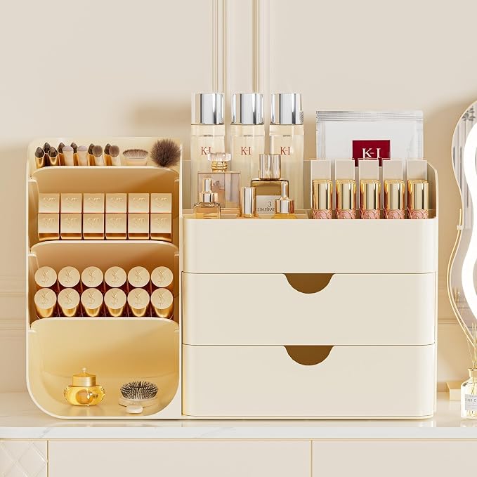 Makeup Organizer Countertop with 2 Drawers, Large Capacity Make Up Organizers for Vanity, Bathroom Organizers and Storage, Cosmetics Organizer Easy To Storage Brushes Eyeshadow Lipstick, Cream