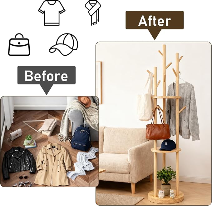 YYW 360° Wood Coat Rack Stand With Hooks And Shelves Standing Organizer | Free Standing Rotating Organizer, Includes 9 Hooks And 3 Shelves, Perfect For Bedroom, Hallway, Small Space