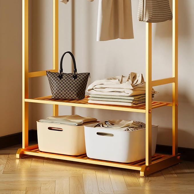 Gold clothing rack with bottom Storage shelves and 6 side hooks,Sturdy metal clothes rack for Hanging Clothes,Modern garment rack Wardrobe Rack for Bedroom or Boutique