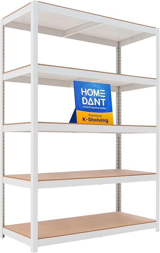 White 48.1" Deep 5 Tier Storage Shelves Garage Shelving Unit | Adjustable boltless metal shelving for pantry, closet, kitchen, basement, garage and warehouse