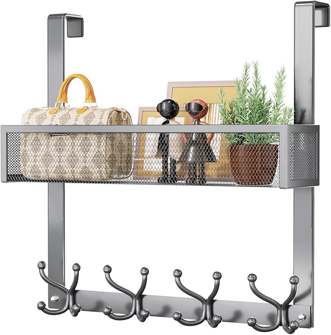 Consumest Over The Door Hooks Organizer - 2 Tier Over Door Hanger with 16 Hooks & 2 Baskets for Hanging Coat, Clothing, Towel, Back Storage for Bathroom, Closet, College Dorm, Grey