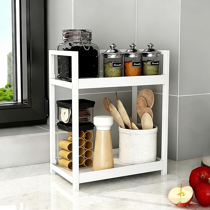 Bathroom Counter Organizer Vanity Storage Countertop Shelf, Small White | 2 Tier Makeup Organizer Perfume Tray Skincare Holder for Sink, Dresser, Kitchen